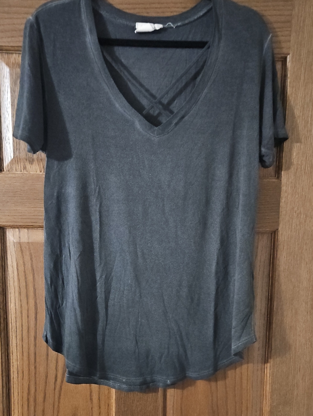 White Crow Charcoal Gray V-Neck Short Sleeve Top with Crisscross Detail